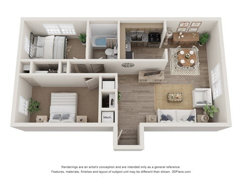 Floor plan for 2 beds, 1 bath, 1000 sqft